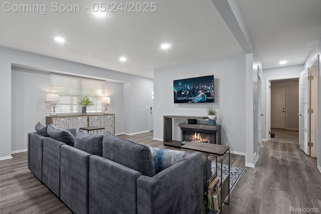 508 Chamberlain St Unit 8, Flushing, MI 48433 - living area with baseboards, wood finished floors, a lit fireplace, and recessed lighting