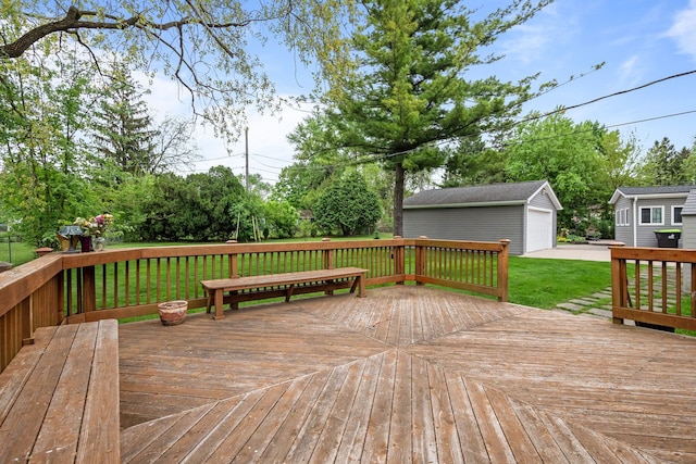 1837 Henbert Rd, West Bloomfield, MI 48324 - wooden deck featuring a detached garage, an outbuilding, and a yard