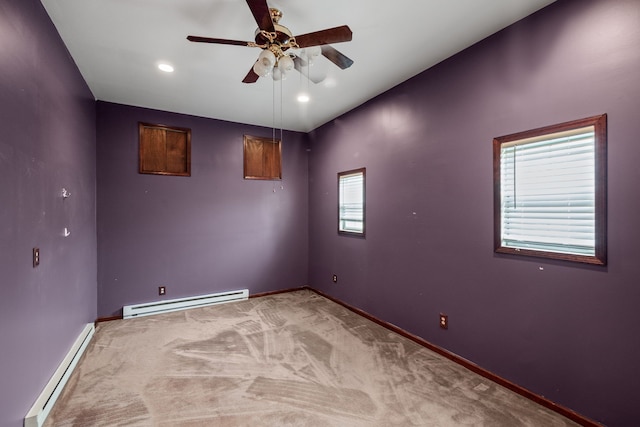 1837 Henbert Rd, West Bloomfield, MI 48324 - carpeted spare room with a baseboard heating unit, ceiling fan, baseboards, and recessed lighting