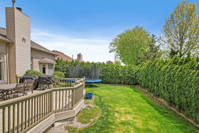view of grassy yard featuring a trampoline and a deck