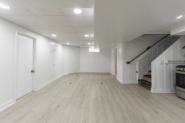 1526 S Gulley Rd, Dearborn Heights, MI 48125 - finished basement featuring stairway, light wood-style floors, recessed lighting, and baseboards