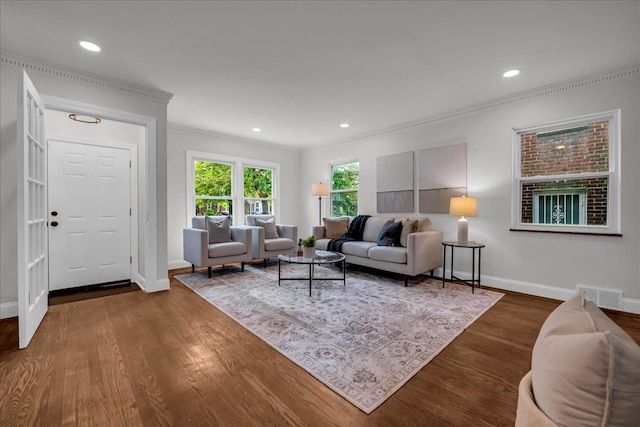 17550 Ohio St, Detroit, MI 48221 - living room with ornamental molding, baseboards, dark wood-style flooring, and recessed lighting
