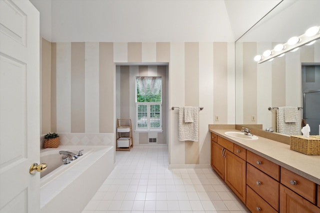 42259 White Hart Blvd, Canton, MI 48188 - full bathroom with wallpapered walls, a bath, vanity, baseboards, and tile patterned floors