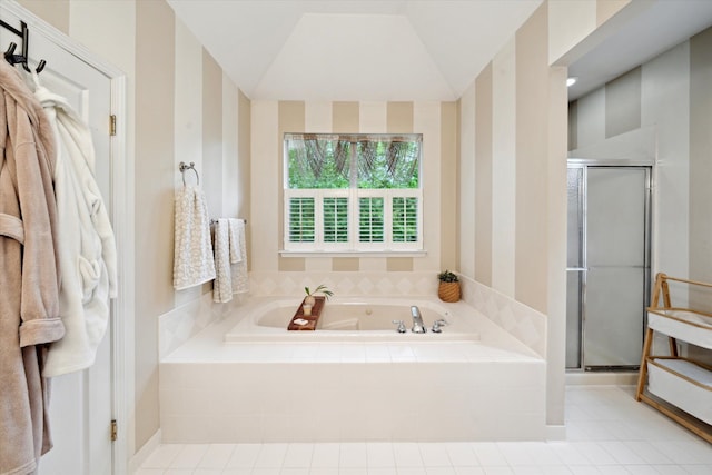 42259 White Hart Blvd, Canton, MI 48188 - bathroom featuring a garden tub, a stall shower, tile patterned flooring, and lofted ceiling