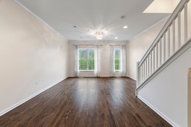 unfurnished living room featuring crown molding, dark wood-type flooring, recessed lighting, baseboards, and stairs