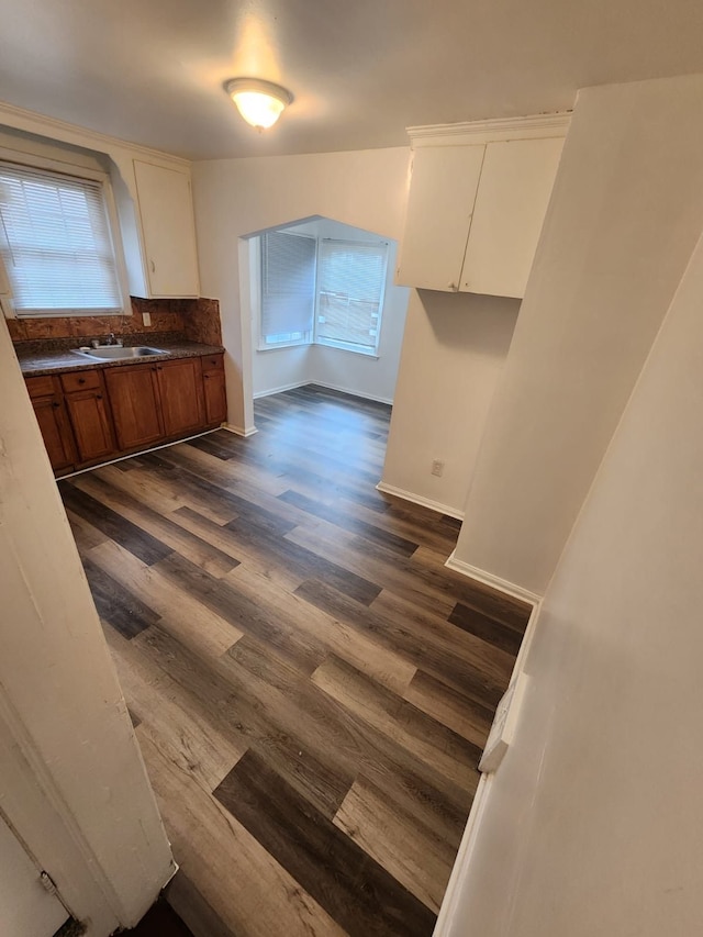 8428 Rosemont Ave, Detroit, MI 48228 - kitchen with dark wood-style floors, decorative backsplash, a sink, white cabinets, and brown cabinets