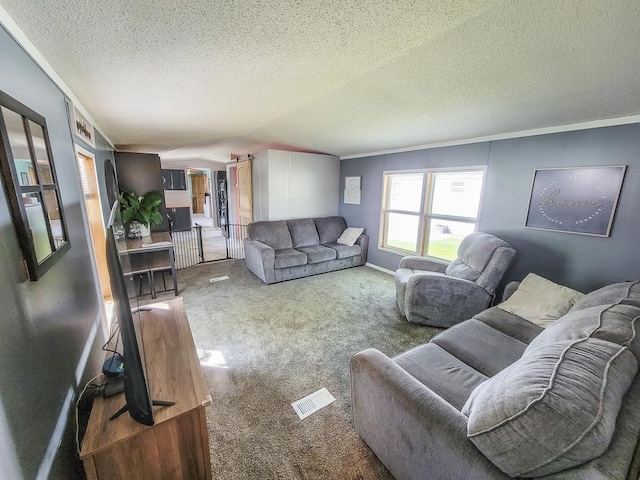 411 S Grover Ave, Alma, MI 48801 - living room with carpet floors, ornamental molding, and a textured ceiling