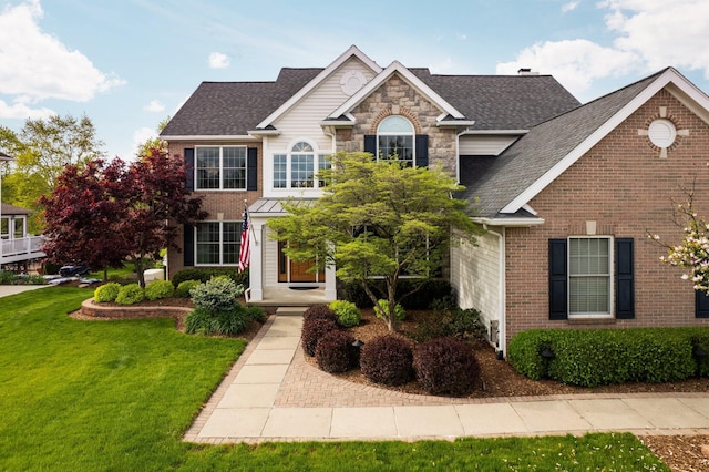 1433 Bicentennial Pkwy, Ann Arbor, MI 48108 - view of front of property featuring a front yard, roof with shingles, brick siding, and stone siding