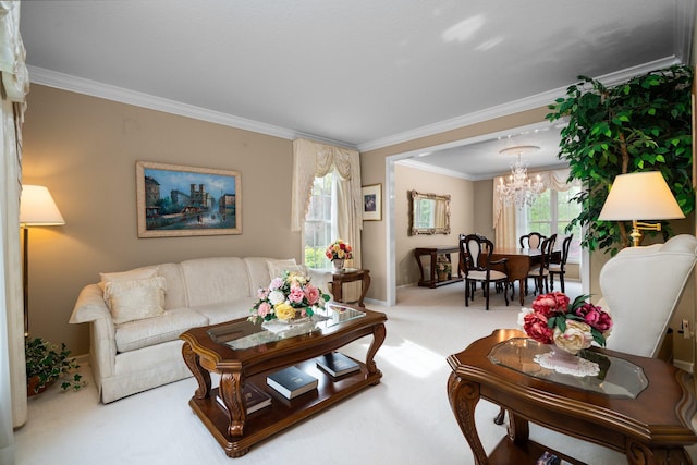 1433 Bicentennial Pkwy, Ann Arbor, MI 48108 - living room featuring carpet floors, a chandelier, crown molding, and baseboards