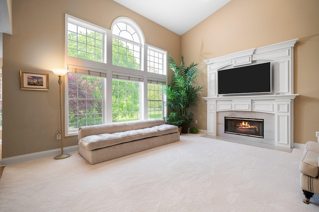 1433 Bicentennial Pkwy, Ann Arbor, MI 48108 - carpeted living area with a fireplace with flush hearth, baseboards, and high vaulted ceiling