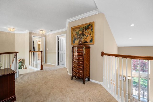 1433 Bicentennial Pkwy, Ann Arbor, MI 48108 - hallway featuring an upstairs landing, carpet flooring, crown molding, and baseboards