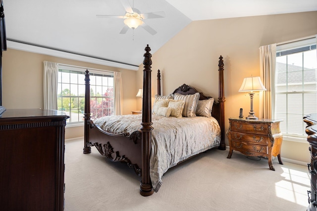 1433 Bicentennial Pkwy, Ann Arbor, MI 48108 - bedroom with light colored carpet, lofted ceiling, multiple windows, baseboards, and ceiling fan