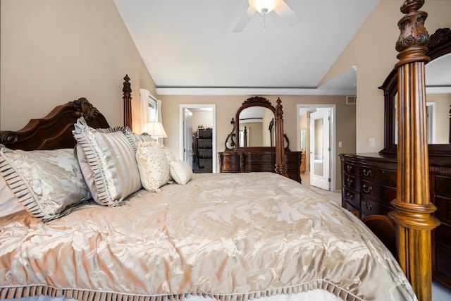 1433 Bicentennial Pkwy, Ann Arbor, MI 48108 - carpeted bedroom featuring lofted ceiling, ensuite bath, a ceiling fan, and crown molding