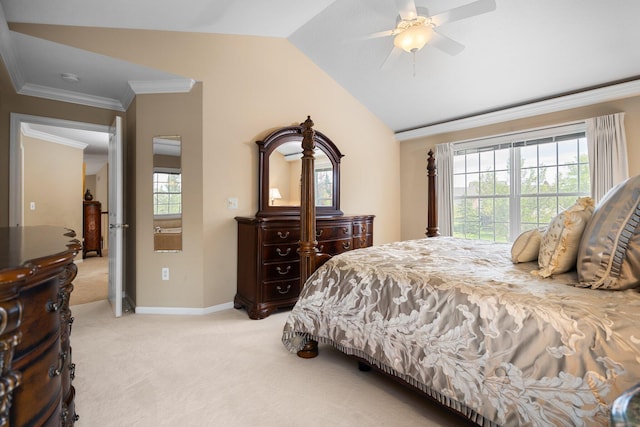 1433 Bicentennial Pkwy, Ann Arbor, MI 48108 - bedroom with light colored carpet, lofted ceiling, crown molding, baseboards, and ceiling fan