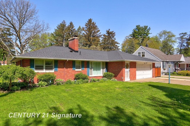 1415 Coolidge Ave, Saginaw, MI 48638 - single story home featuring an attached garage, brick siding, a front yard, a chimney, and driveway