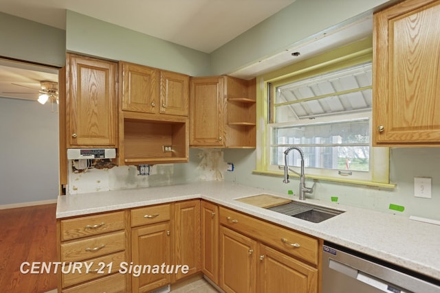 1415 Coolidge Ave, Saginaw, MI 48638 - kitchen featuring dishwasher, a sink, light countertops, ceiling fan, and open shelves
