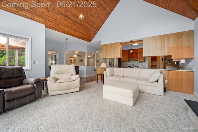 2449 Woodvale Trl, Brighton, MI 48114 - living area with wood ceiling, high vaulted ceiling, and light colored carpet