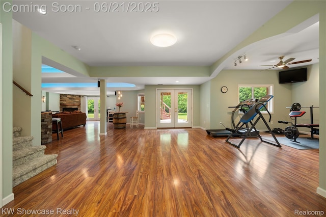 2449 Woodvale Trl, Brighton, MI 48114 - workout room with wood finished floors, a ceiling fan, a stone fireplace, and track lighting