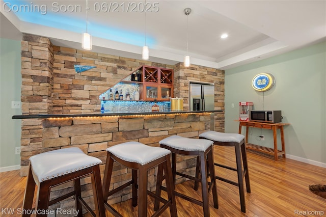 2449 Woodvale Trl, Brighton, MI 48114 - indoor bar featuring stainless steel appliances, a tray ceiling, light wood-style flooring, and decorative light fixtures