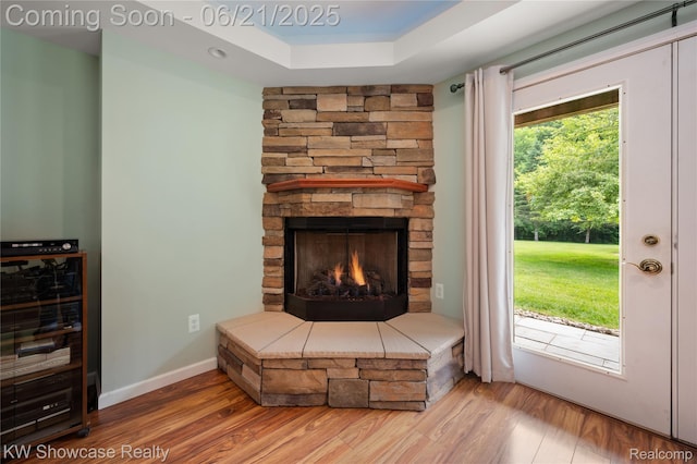 2449 Woodvale Trl, Brighton, MI 48114 - detailed view of wood finished floors, a fireplace, and a raised ceiling