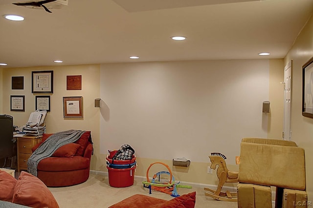 9299 Parkland Dr, Ypsilanti, MI 48197 - rec room featuring recessed lighting, carpet floors, an office area, and baseboards