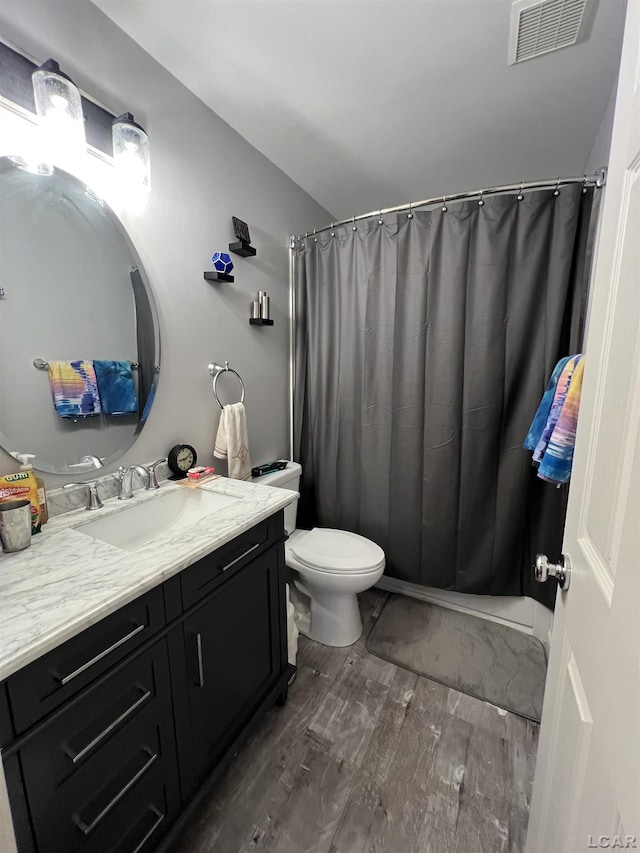 9299 Parkland Dr, Ypsilanti, MI 48197 - full bathroom with wood finished floors, vanity, toilet, and a shower with curtain