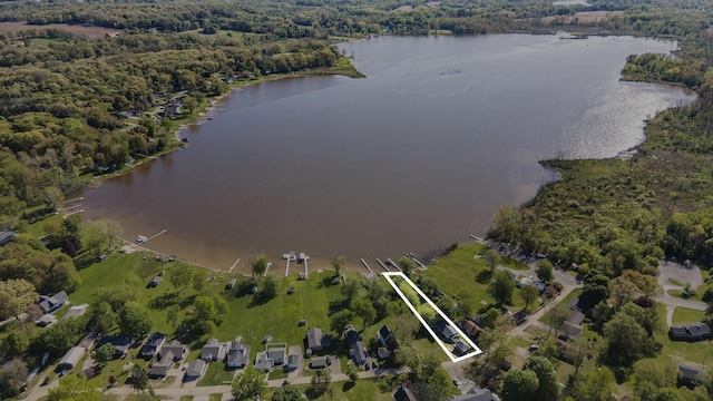 3309 Dumont Lake Dr, Allegan, MI 49010 - aerial view of property and surrounding area featuring a large body of water, property boundaries highlighted, and a heavily wooded area