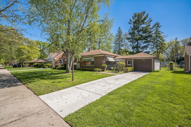 13970 Crosley, Redford, MI 48239 - ranch-style house featuring driveway, a front yard, a garage, a chimney, and brick siding