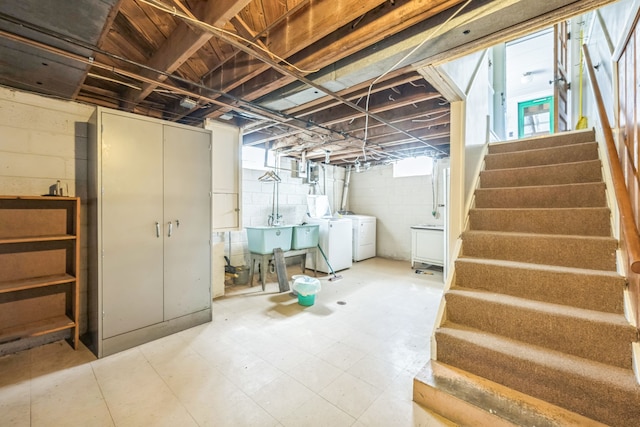 13970 Crosley, Redford, MI 48239 - below grade area with independent washer and dryer, stairs, tile patterned floors, and a sink