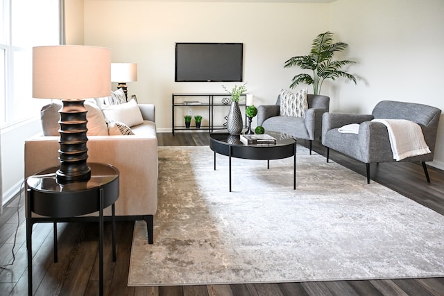 living area featuring wood finished floors and baseboards