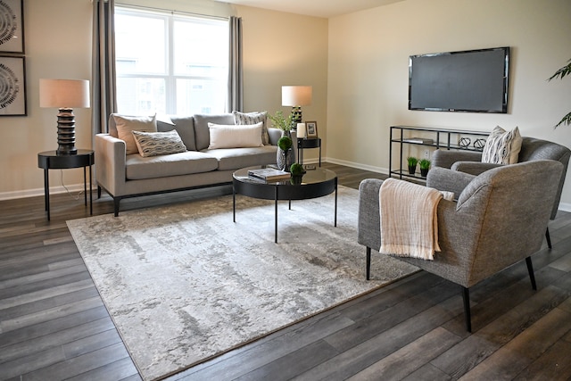 living room featuring wood finished floors and baseboards