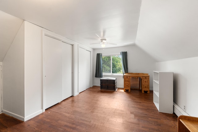 additional living space with wood finished floors, ceiling fan, and lofted ceiling