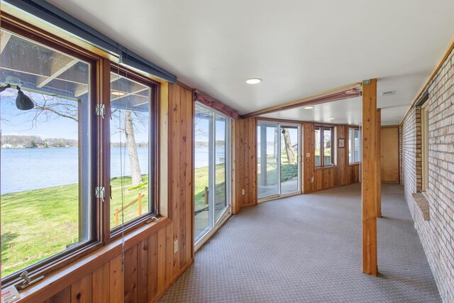 14427 Acorn Cove Trl, Battle Creek, MI 49017 - unfurnished sunroom with carpet, wood walls, a water view, plenty of natural light, and recessed lighting
