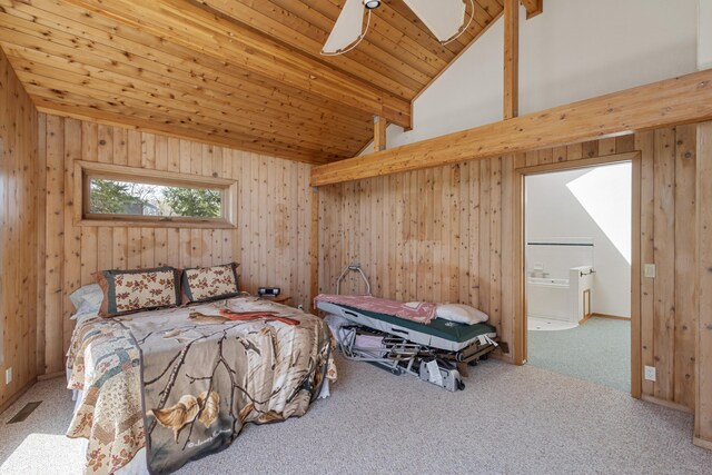 14427 Acorn Cove Trl, Battle Creek, MI 49017 - carpeted bedroom with vaulted ceiling, wood walls, and wooden ceiling