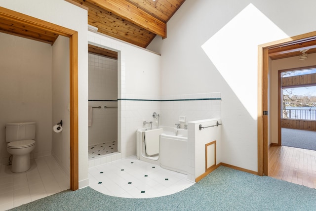 14427 Acorn Cove Trl, Battle Creek, MI 49017 - full bathroom with wooden ceiling, a garden tub, toilet, a shower stall, and tile patterned floors