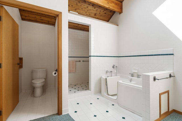 14427 Acorn Cove Trl, Battle Creek, MI 49017 - full bathroom featuring a garden tub, toilet, tile patterned flooring, wooden ceiling, and a stall shower
