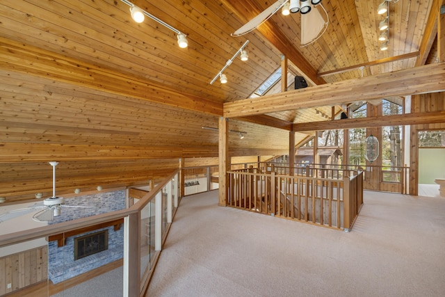 14427 Acorn Cove Trl, Battle Creek, MI 49017 - hall featuring rail lighting, an upstairs landing, carpet, and wooden ceiling