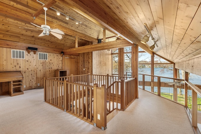 14427 Acorn Cove Trl, Battle Creek, MI 49017 - bonus room featuring ceiling fan, a water view, wooden ceiling, carpet flooring, and wooden walls