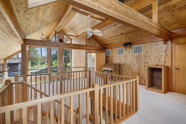 14427 Acorn Cove Trl, Battle Creek, MI 49017 - interior space featuring an upstairs landing, wood ceiling, carpet floors, and wooden walls