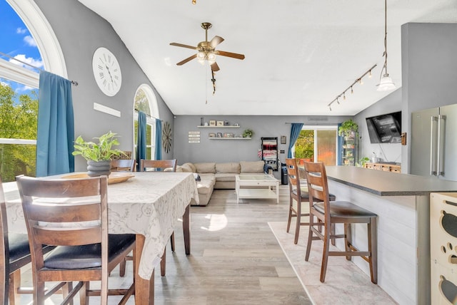 144 Westshore Dr, Jerome, MI 49249 - dining room with vaulted ceiling, light wood finished floors, ceiling fan, and rail lighting