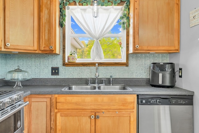 144 Westshore Dr, Jerome, MI 49249 - kitchen with appliances with stainless steel finishes, a sink, decorative backsplash, and dark countertops