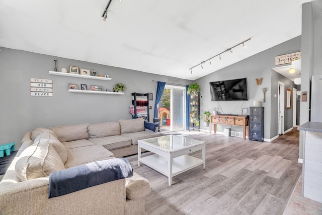 144 Westshore Dr, Jerome, MI 49249 - living area featuring rail lighting, lofted ceiling, wood finished floors, and baseboards