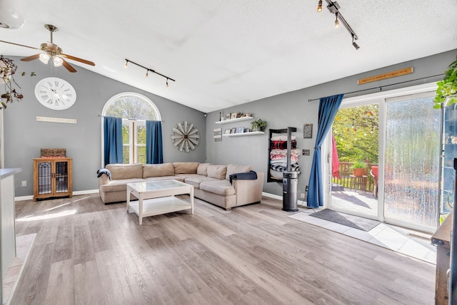 144 Westshore Dr, Jerome, MI 49249 - living area with rail lighting, vaulted ceiling, healthy amount of natural light, ceiling fan, and wood finished floors