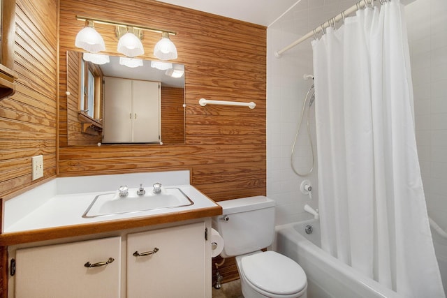 805 E Filer St, Ludington, MI 49431 - full bathroom with toilet, shower / bathtub combination with curtain, wood walls, and vanity