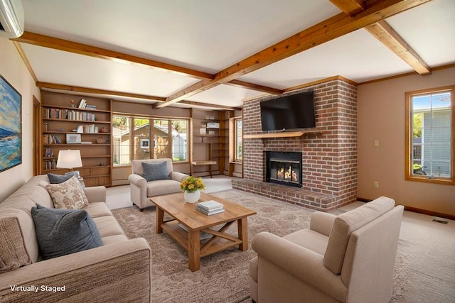 805 E Filer St, Ludington, MI 49431 - carpeted living room featuring beam ceiling, an AC wall unit, a fireplace, and baseboards