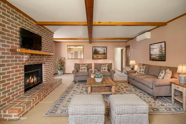 805 E Filer St, Ludington, MI 49431 - living room featuring an AC wall unit, beamed ceiling, a brick fireplace, and carpet floors