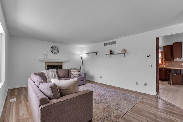 17035 Weber Rd, Holly, MI 48442 - living room featuring light wood-type flooring, a tile fireplace, and baseboards