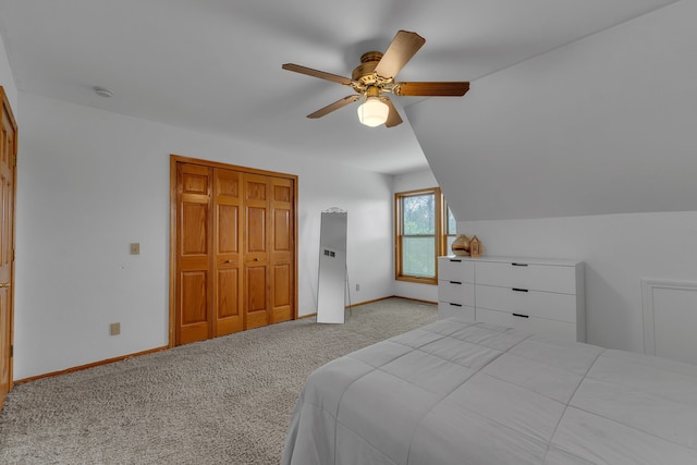 17035 Weber Rd, Holly, MI 48442 - bedroom with carpet floors, a ceiling fan, lofted ceiling, a closet, and baseboards