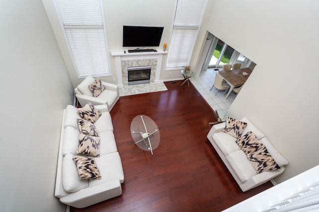 living area featuring hardwood / wood-style floors and a high end fireplace
