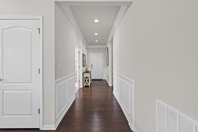 4051 Colfax Ct, Canton, MI 48188 - hall with ornamental molding, wainscoting, a decorative wall, dark wood finished floors, and recessed lighting